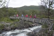Gruppen på rekke og rad krysser over elven på en smal trebro med vannet brusende under.